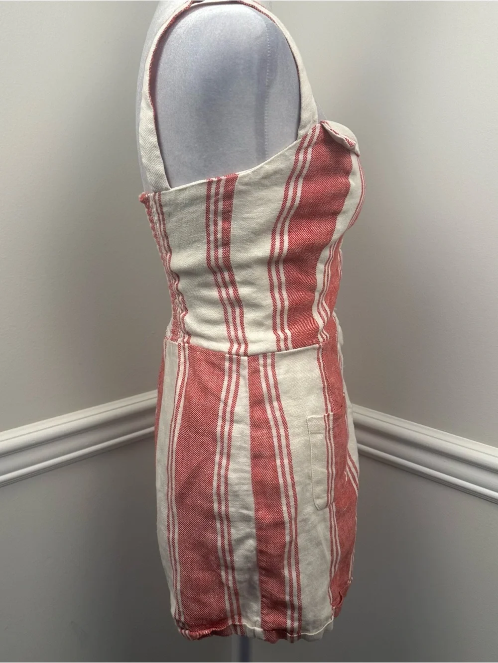 Reformation Red and Cream Striped Linen Button Romper 4